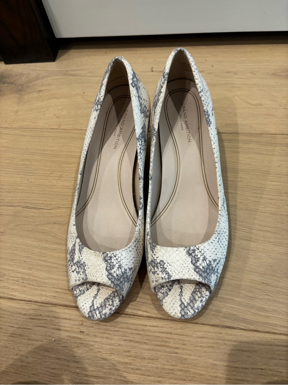 Cole Haan Snake-Print Peep-Toe Wedges in White and Gray